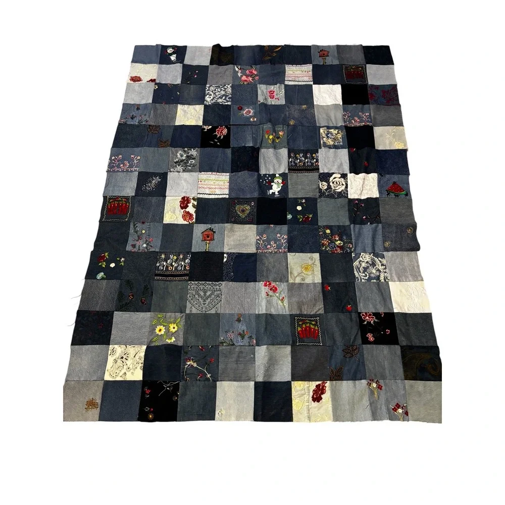 Unfinished Quilt Top Handmade Patchwork Denim Embroidered Upcycled Boho 71x52